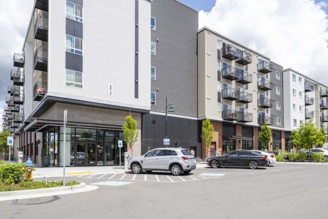 Exterior view of building with parking 